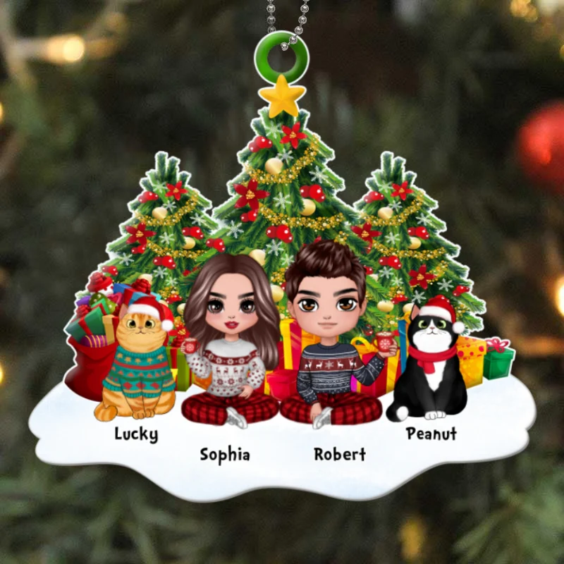 Doll Couple And Fluffy Cats Sitting On Snow Christmas Tree Personalized Acrylic Ornament - Image 4