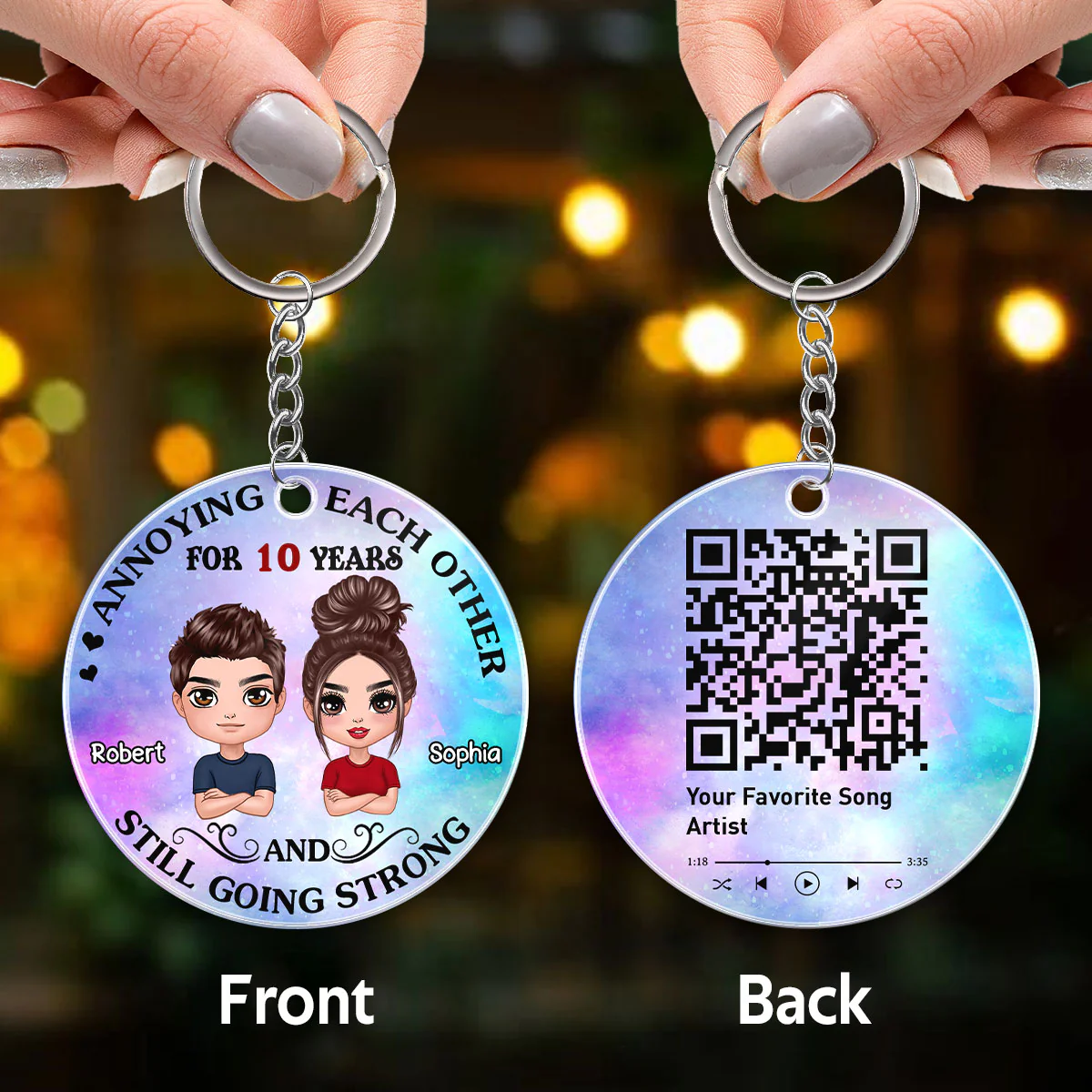 Doll Couple Annoying Each Other Favorite Song Scannable QR Code Personalized Acrylic Keychain - Image 3