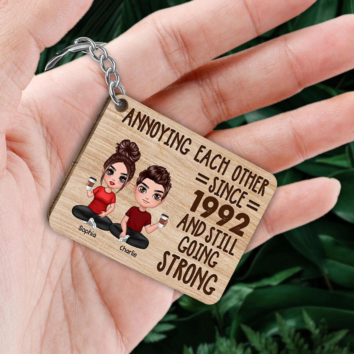 Doll Couple Annoying Each Other Personalized Wooden Keychain - Image 2