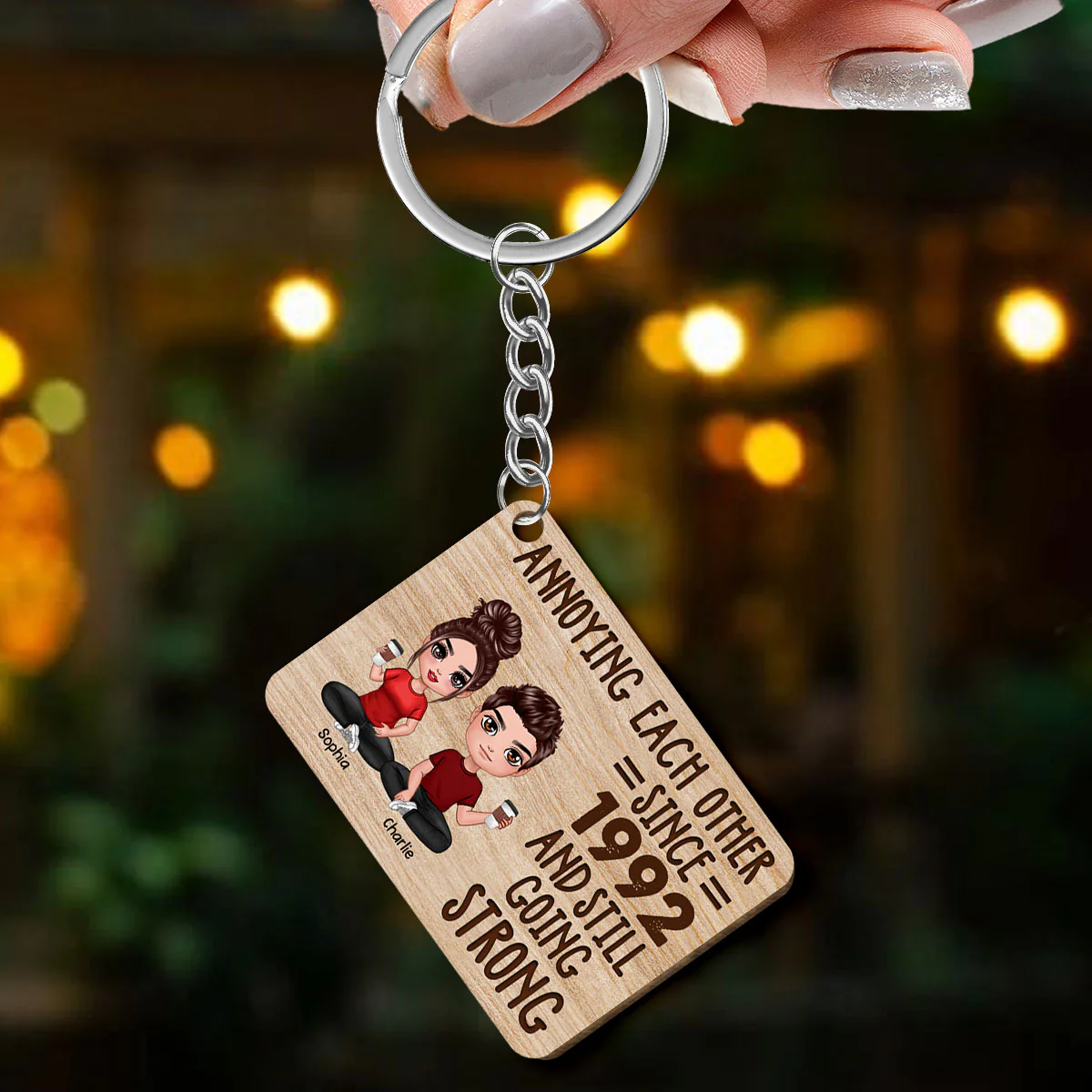 Doll Couple Annoying Each Other Personalized Wooden Keychain - Image 3