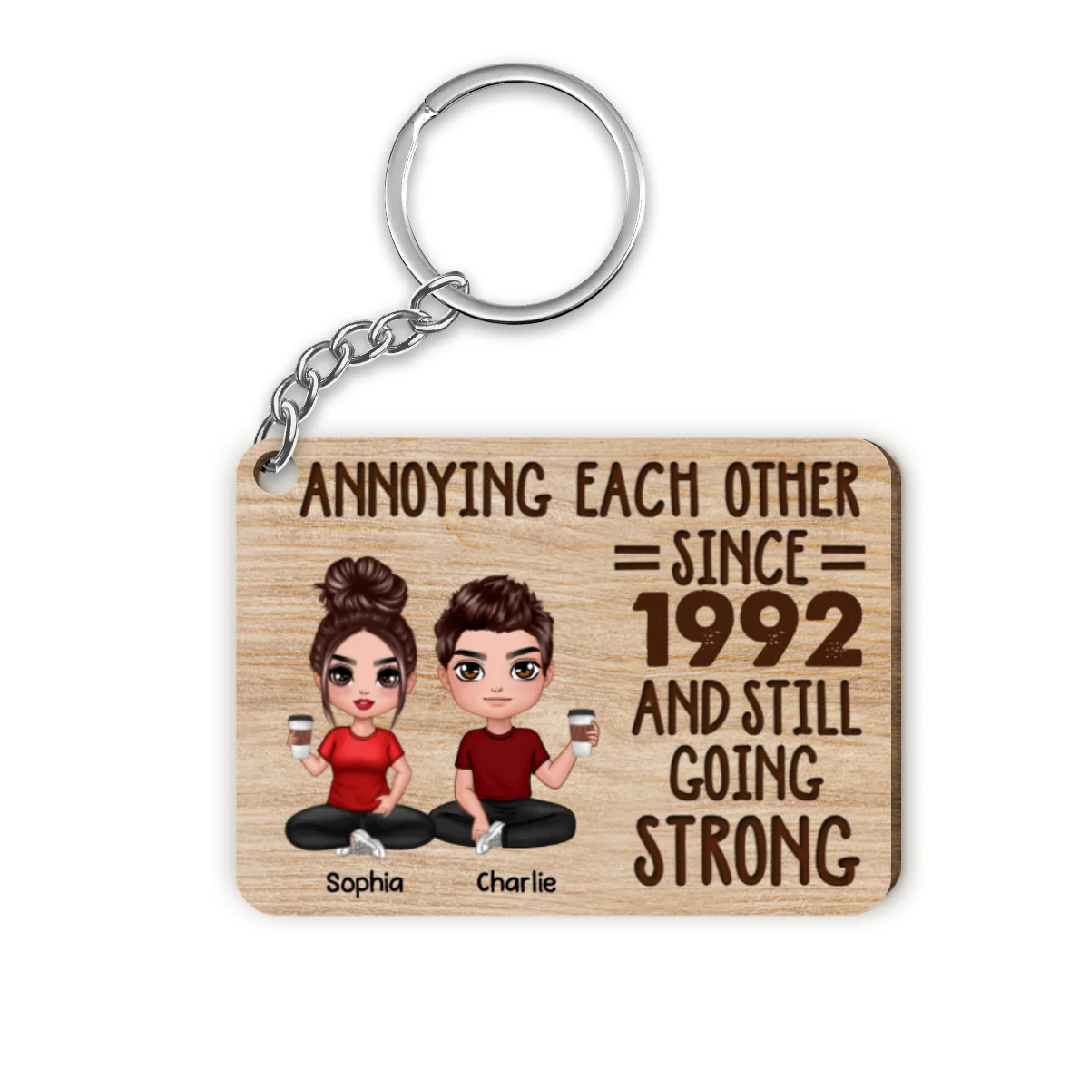 Doll Couple Annoying Each Other Personalized Wooden Keychain - Image 4