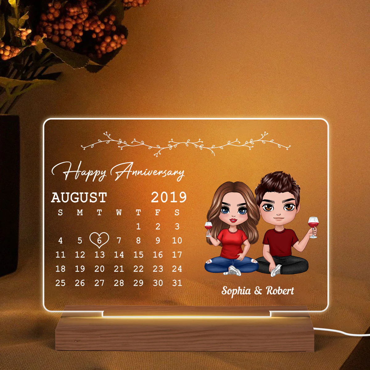 Doll Couple Calendar Anniversary Gift Rectangle Personalized Custom Shape Acrylic Plaque With LED Night Light - Anniversary Gift For Couple - Gift For Him Gift For Her - Image 2