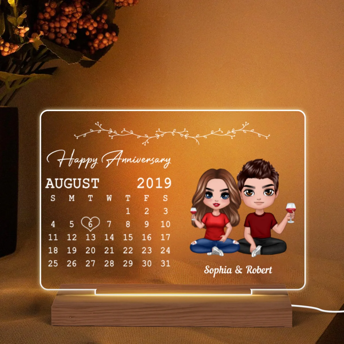 Doll Couple Calendar Anniversary Gift Rectangle Personalized Custom Shape Acrylic Plaque With LED Night Light - Anniversary Gift For Couple - Gift For Him Gift For Her - Image 5