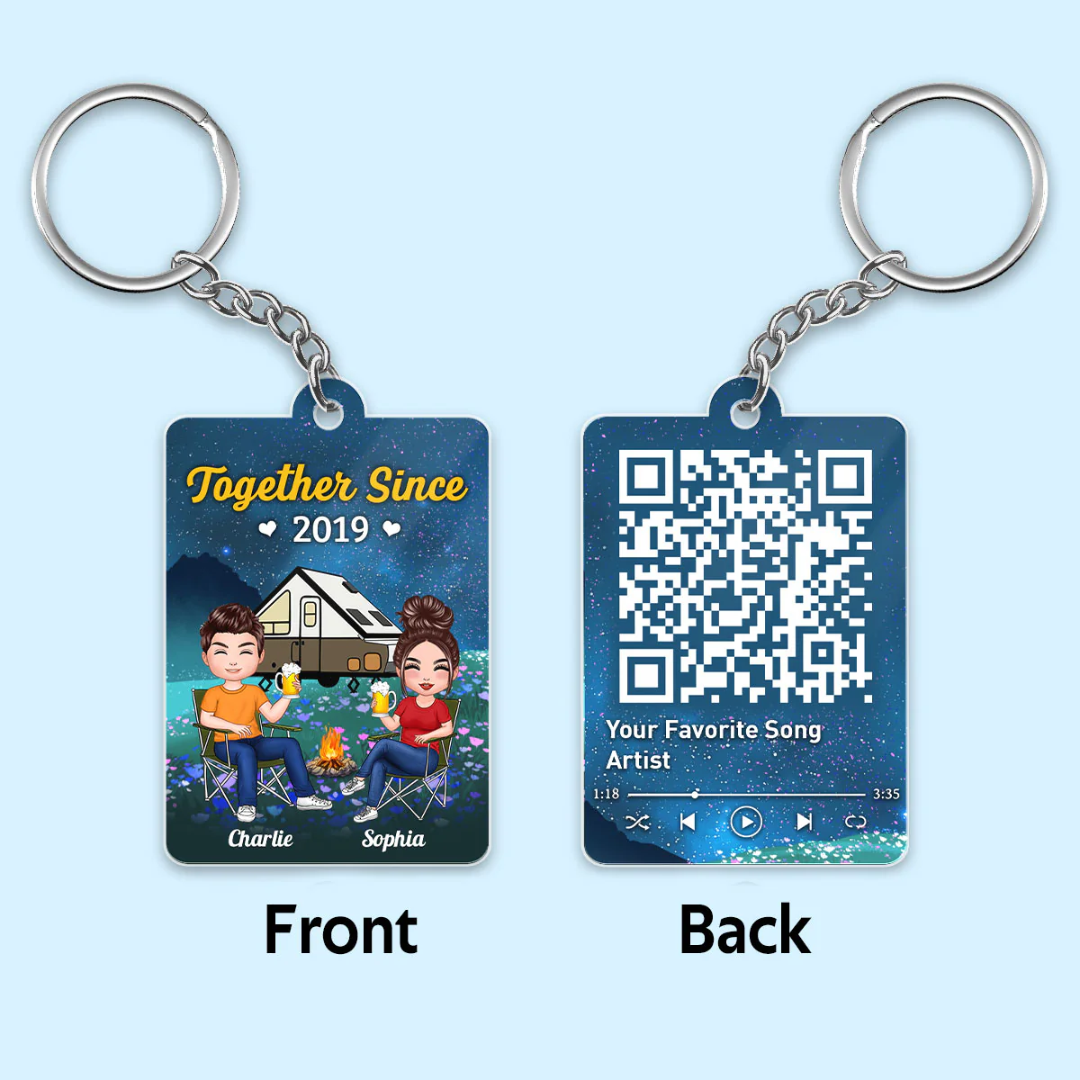 Doll Couple Camping Favorite Song QR Code Personalized Acrylic Keychain
