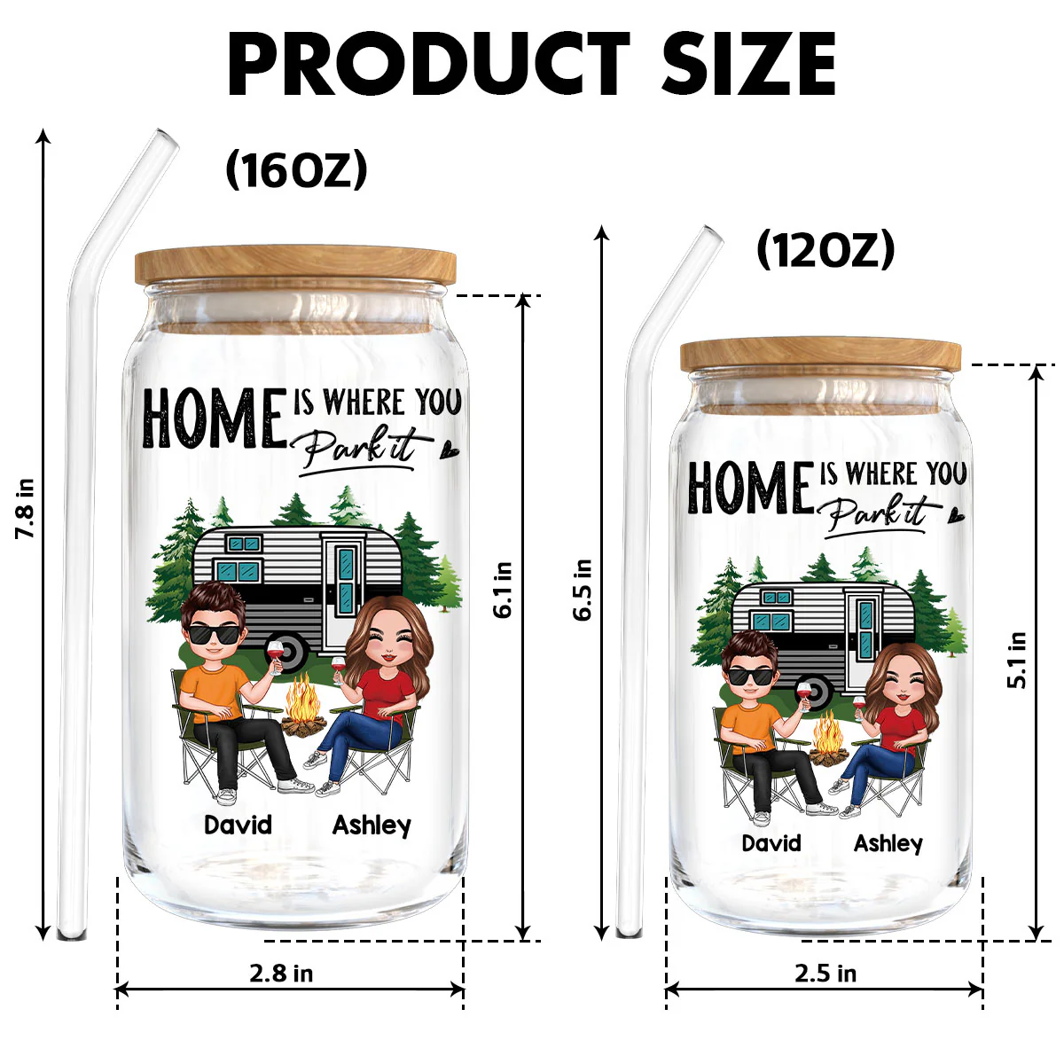 Doll Couple Camping Personalized Clear Glass Can - Image 10