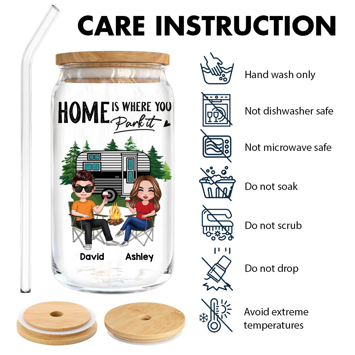 Doll Couple Camping Personalized Clear Glass Can - Image 11