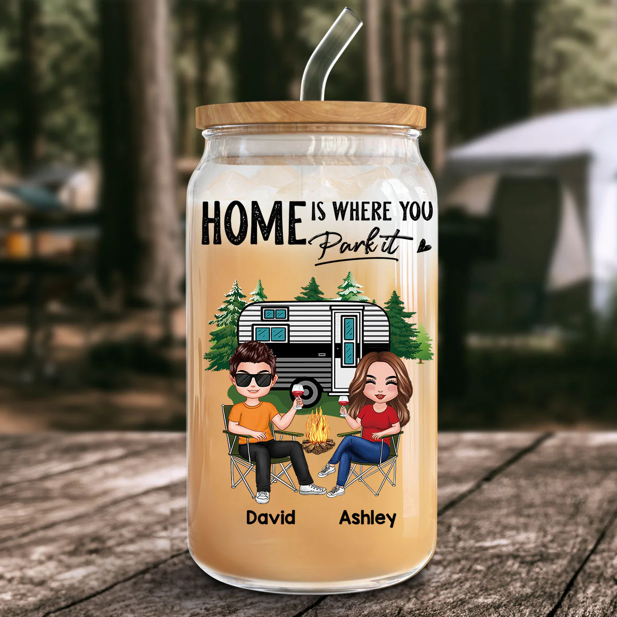 Doll Couple Camping Personalized Clear Glass Can - Image 12