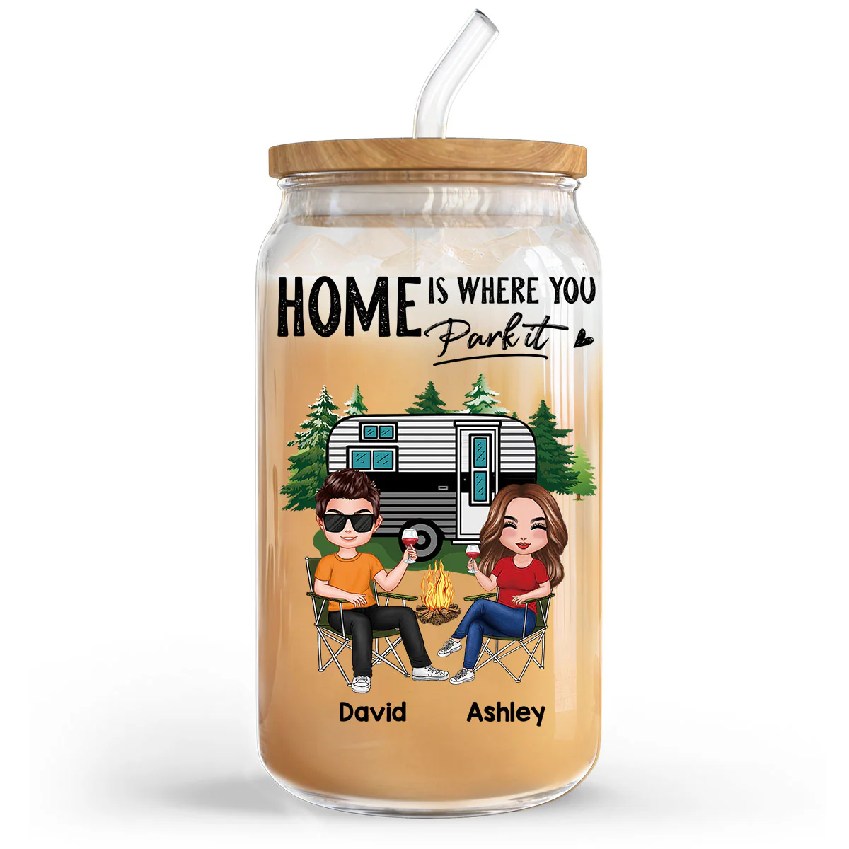 Doll Couple Camping Personalized Clear Glass Can - Image 4