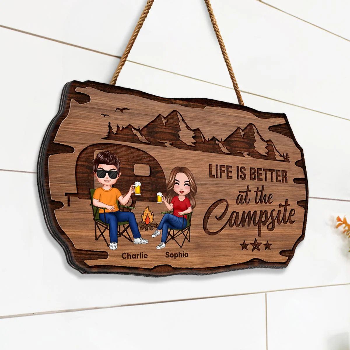 Doll Couple Camping Rustic Personalized Wood Sign - Image 2