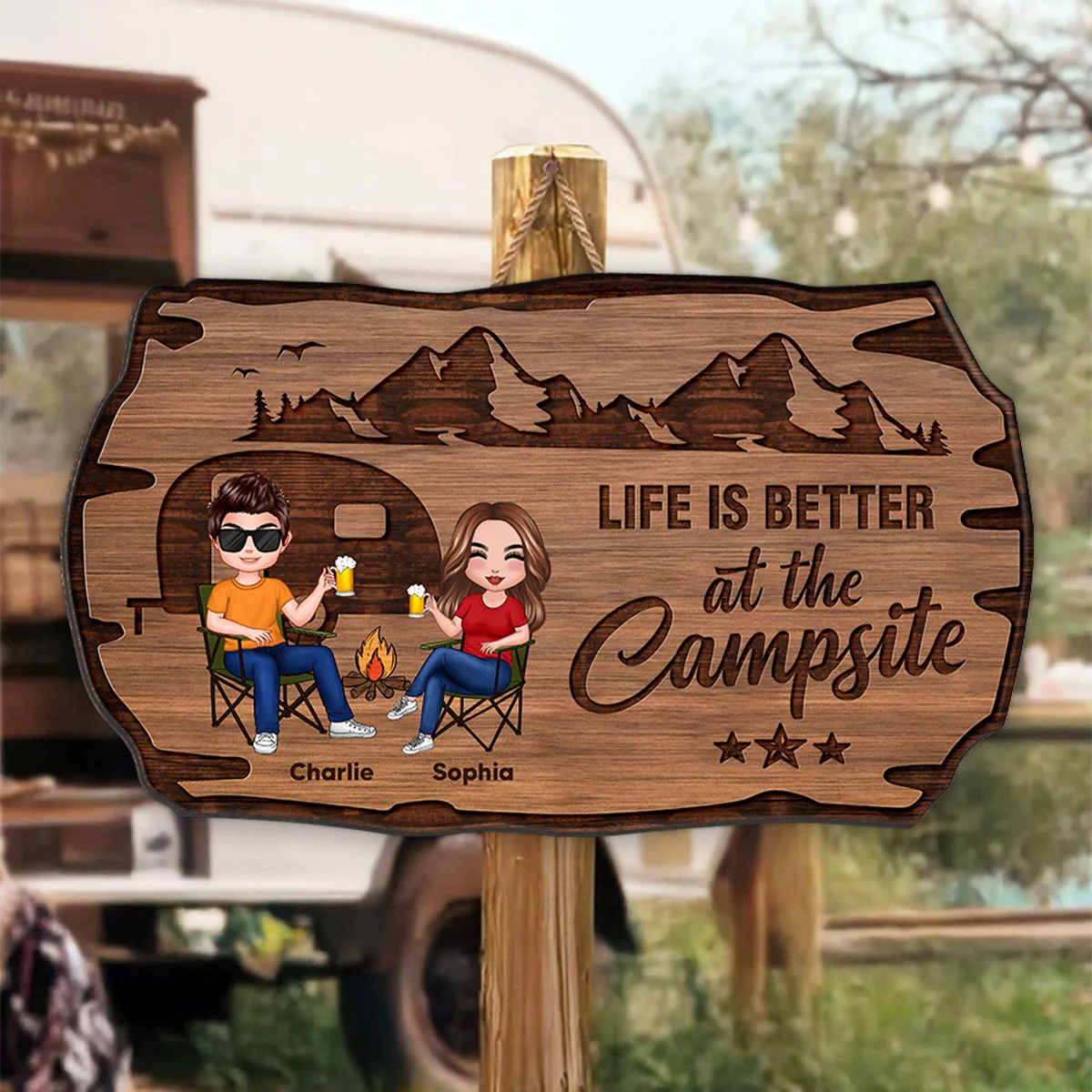 Doll Couple Camping Rustic Personalized Wood Sign - Image 3
