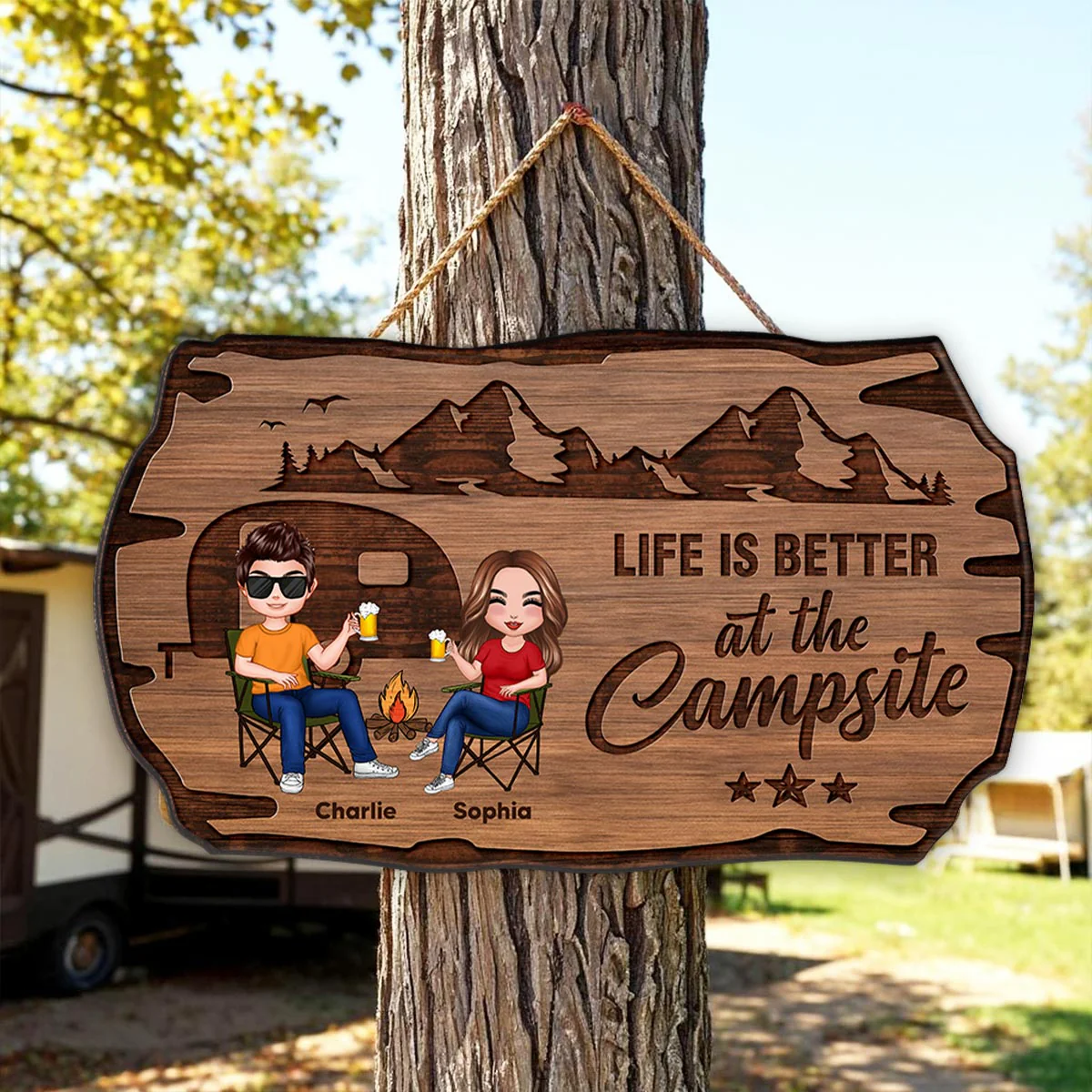 Doll Couple Camping Rustic Personalized Wood Sign - Image 4