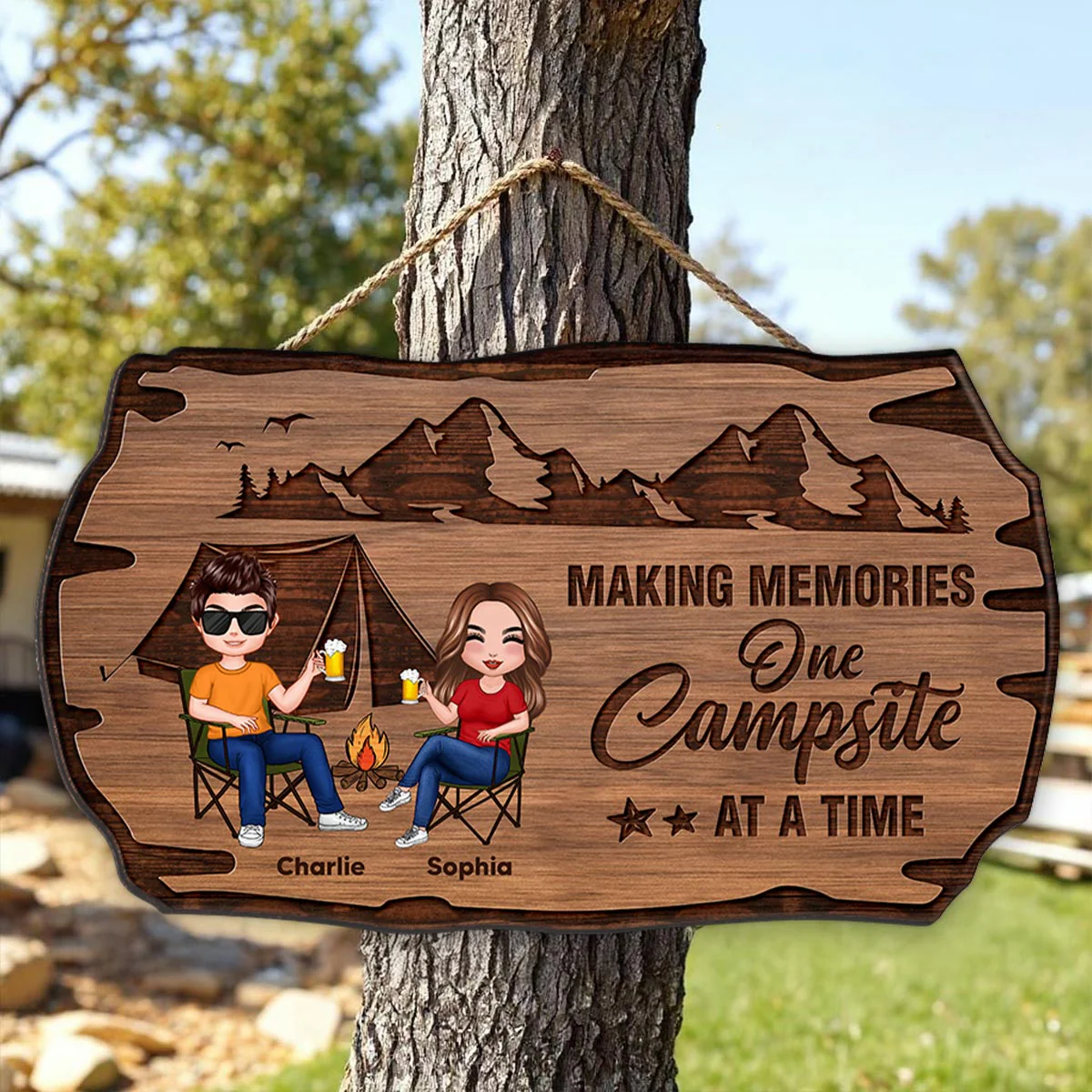 Doll Couple Camping Rustic Personalized Wood Sign - Image 5