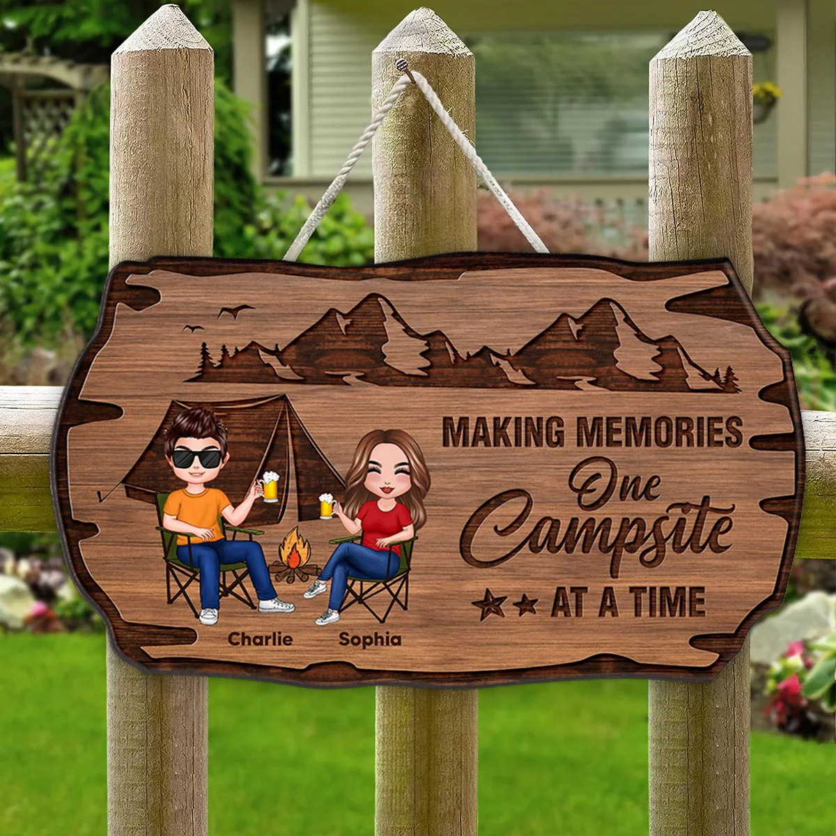 Doll Couple Camping Rustic Personalized Wood Sign - Image 6