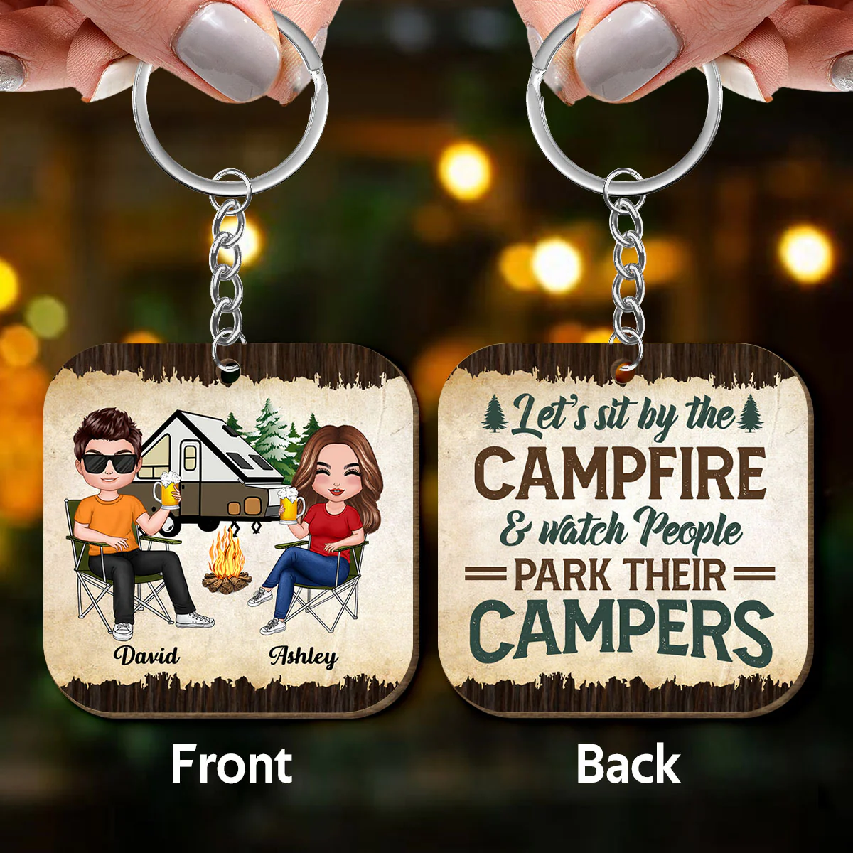 Doll Couple Camping Vintage Personalized Wooden Keychain - Image 3