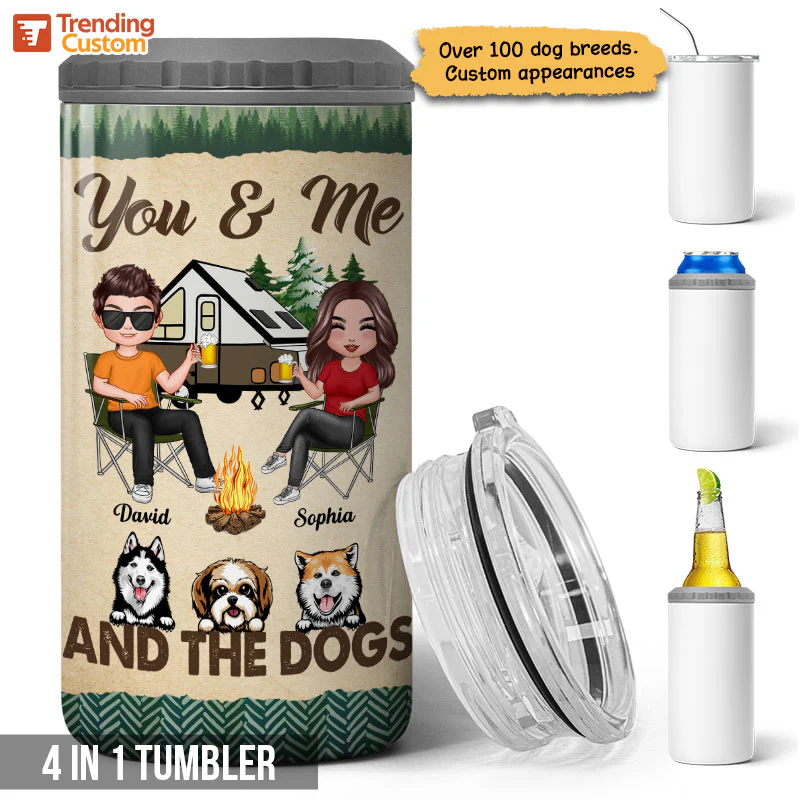 Doll Couple Camping With Dogs Personalized 4 In 1 Can Cooler - Image 2