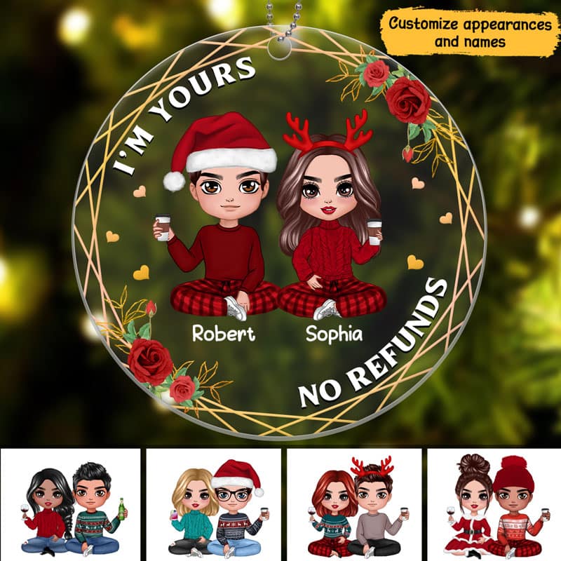 Doll Couple Christmas Floral Personalized Acrylic Ornament - Image 3