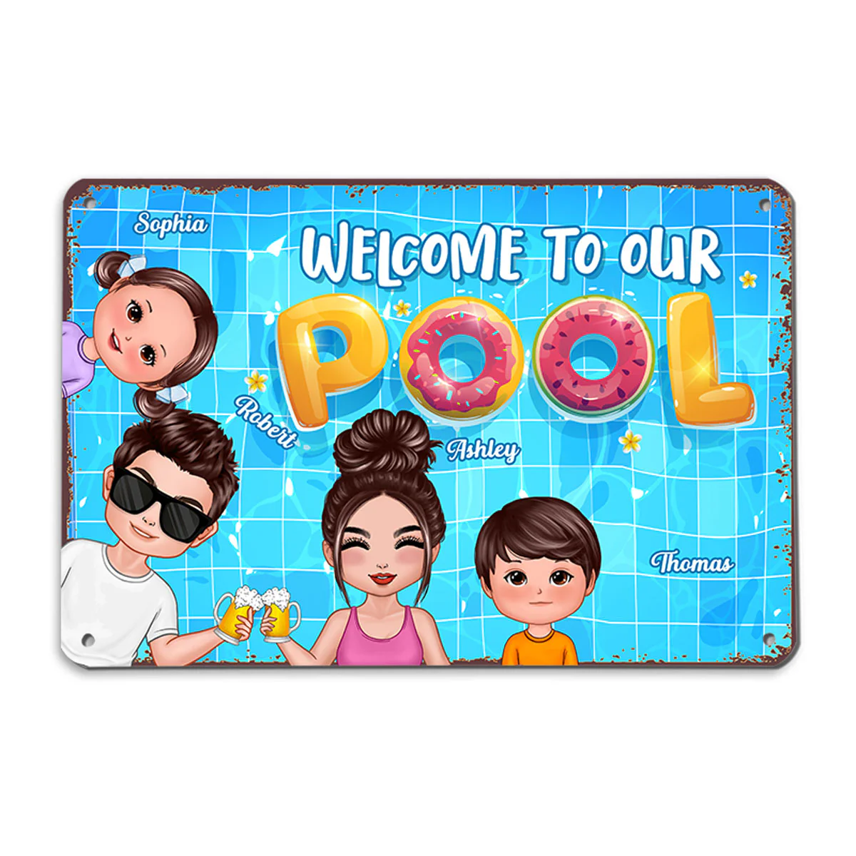 Doll Couple Dad Mom Kids Watercolor Cute Dogs Cats Summer Pool Welcome Personalized Metal Sign