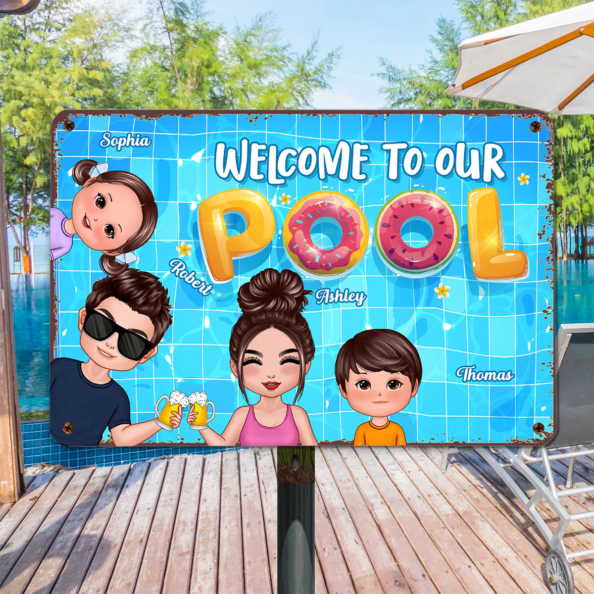 Doll Couple Dad Mom Kids Watercolor Cute Dogs Cats Summer Pool Welcome Personalized Metal Sign - Image 2