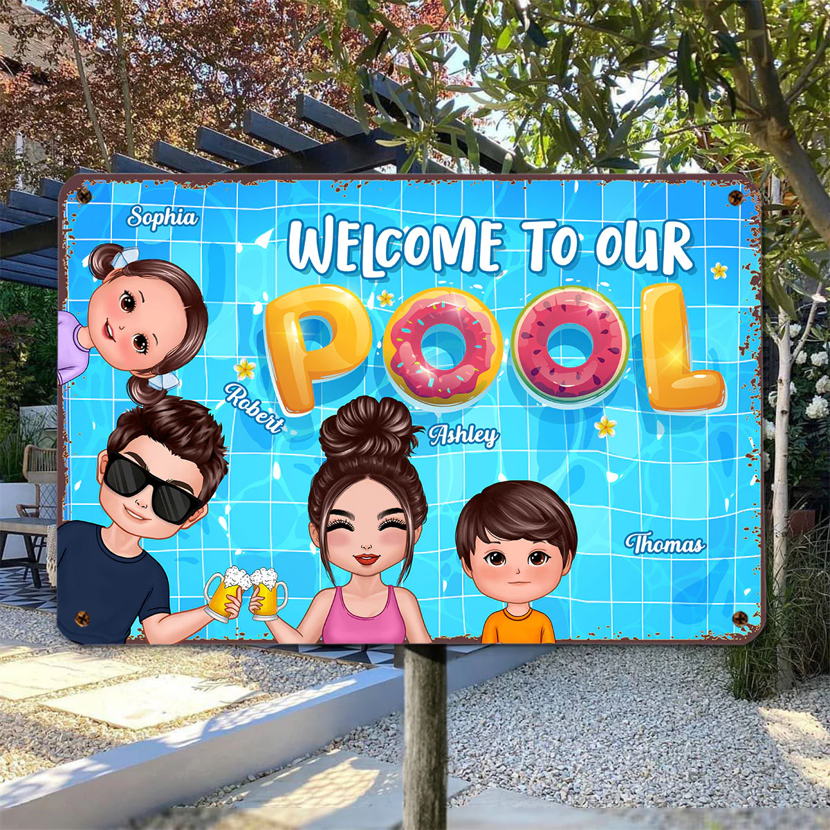 Doll Couple Dad Mom Kids Watercolor Cute Dogs Cats Summer Pool Welcome Personalized Metal Sign - Image 3