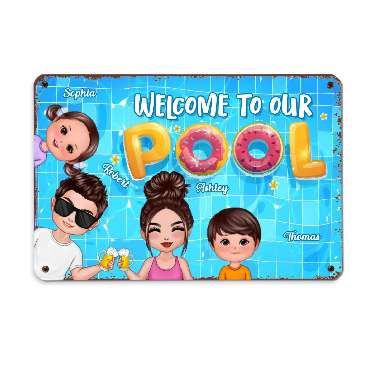 Doll Couple Dad Mom Kids Watercolor Cute Dogs Cats Summer Pool Welcome Personalized Metal Sign - Image 4