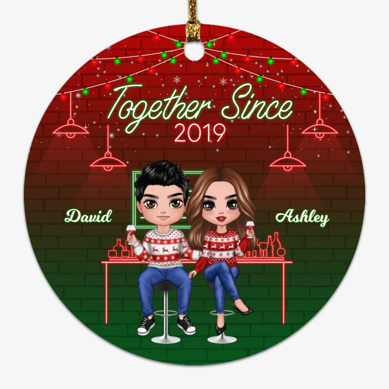 Doll Couple Drinking Personalized Circle Ornament - Image 2