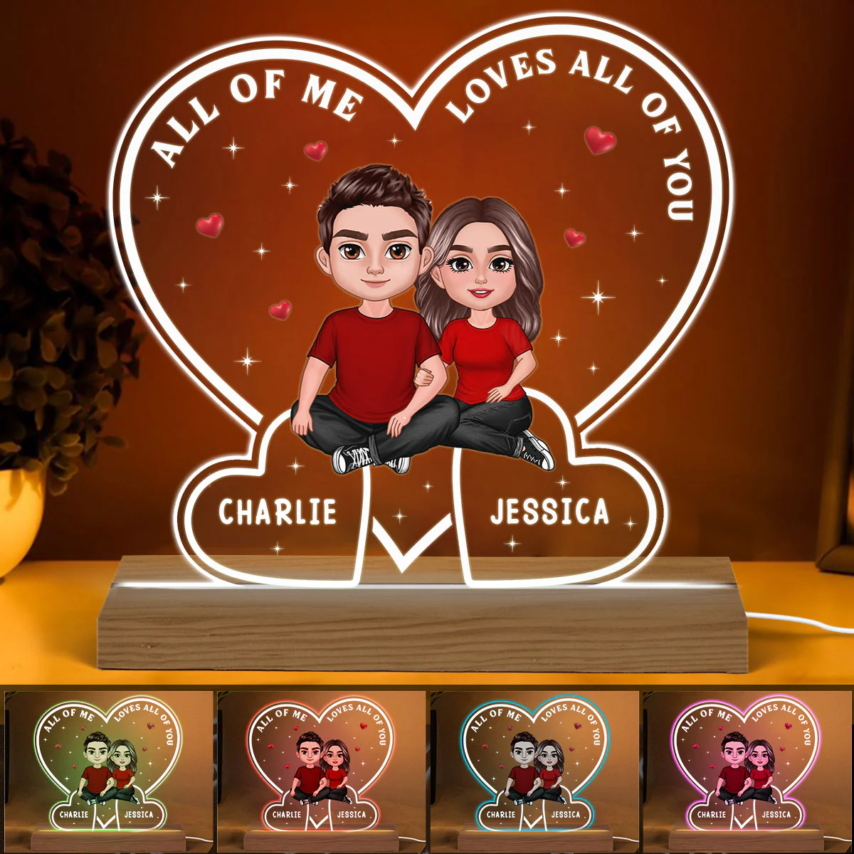 Doll Couple Embracing Sitting In Hearts Personalized Custom Shape Acrylic LED Night Light