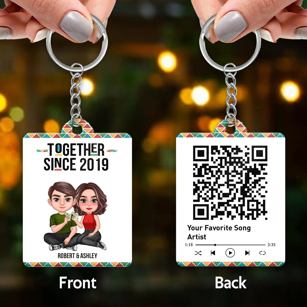 Doll Couple Favorite Song QR Code Colorful Pattern Personalized Acrylic Keychain - Image 2