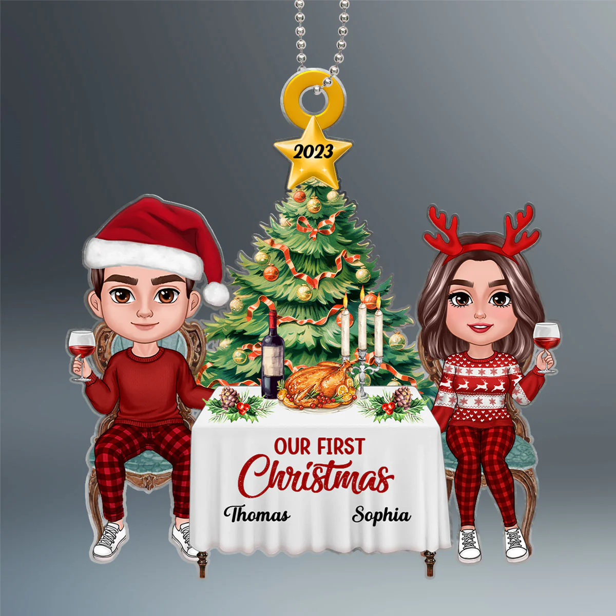 Doll Couple First Christmas Dinner Personalized Acrylic Ornament - Image 2