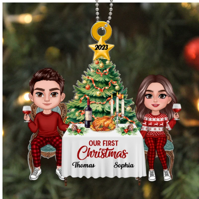 Doll Couple First Christmas Dinner Personalized Acrylic Ornament - Image 5