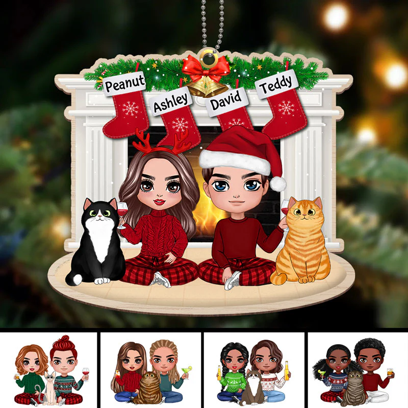 Doll Couple & Fluffy Cat At Fireplace Personalized Wooden Ornament - Image 2