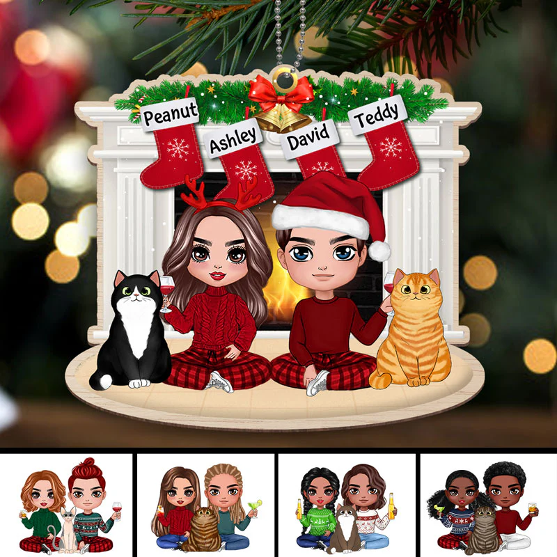 Doll Couple & Fluffy Cat At Fireplace Personalized Wooden Ornament - Image 3