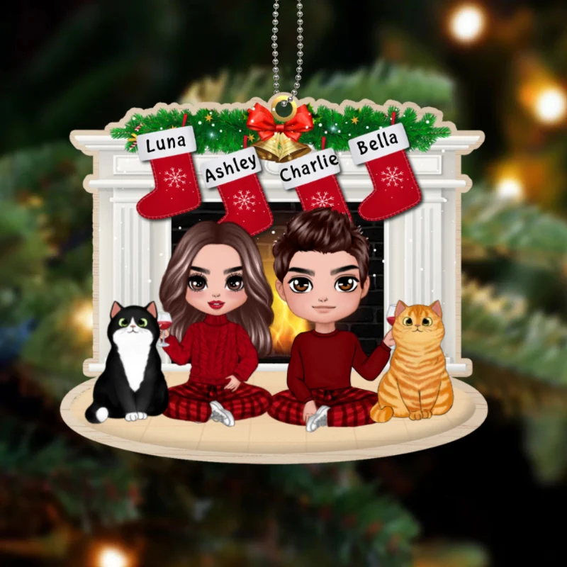 Doll Couple & Fluffy Cat At Fireplace Personalized Wooden Ornament - Image 4