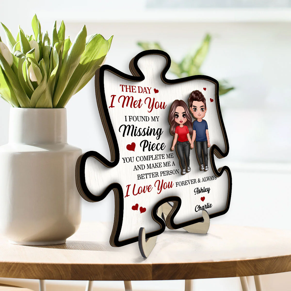 Doll Couple Found My Missing Piece Valentine‘s Day Anniversary Gift For Him For Her Personalized 2-Layer Wooden Plaque - Image 3