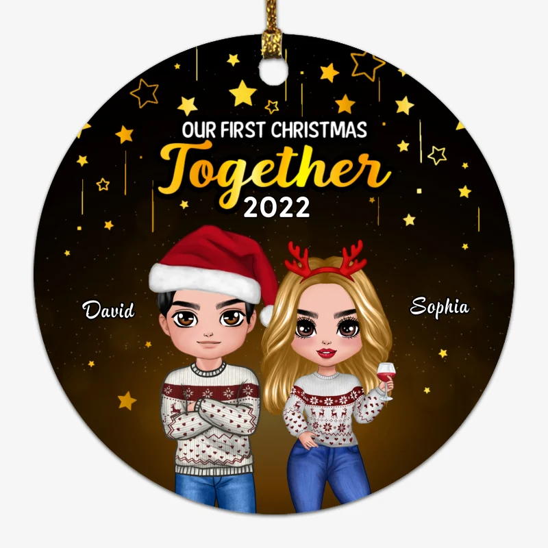 Doll Couple Golden Christmas Personalized Circle Ornament - Image 2