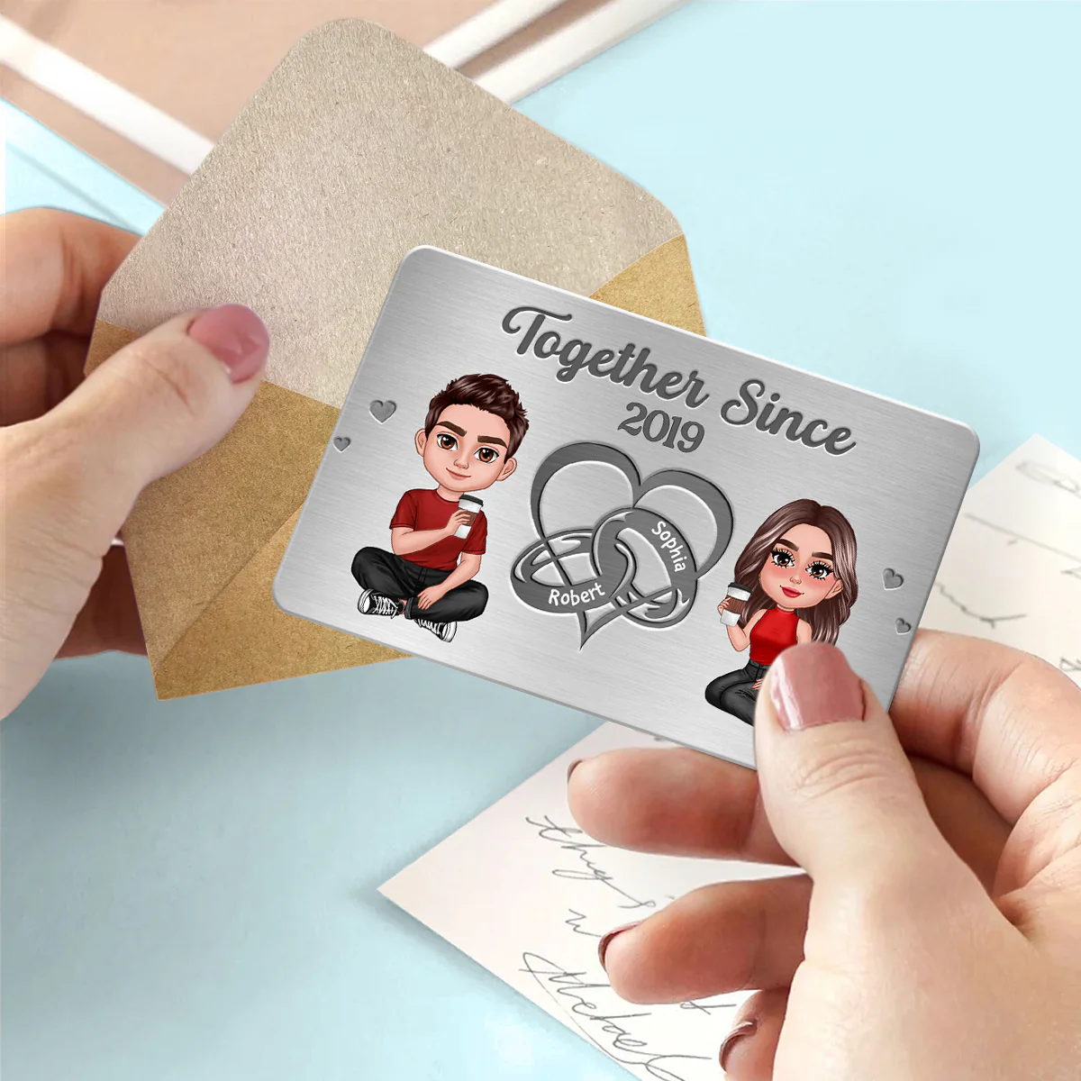 Doll Couple Heart Rings Gift For Him Personalized Metal Wallet Card - Image 3