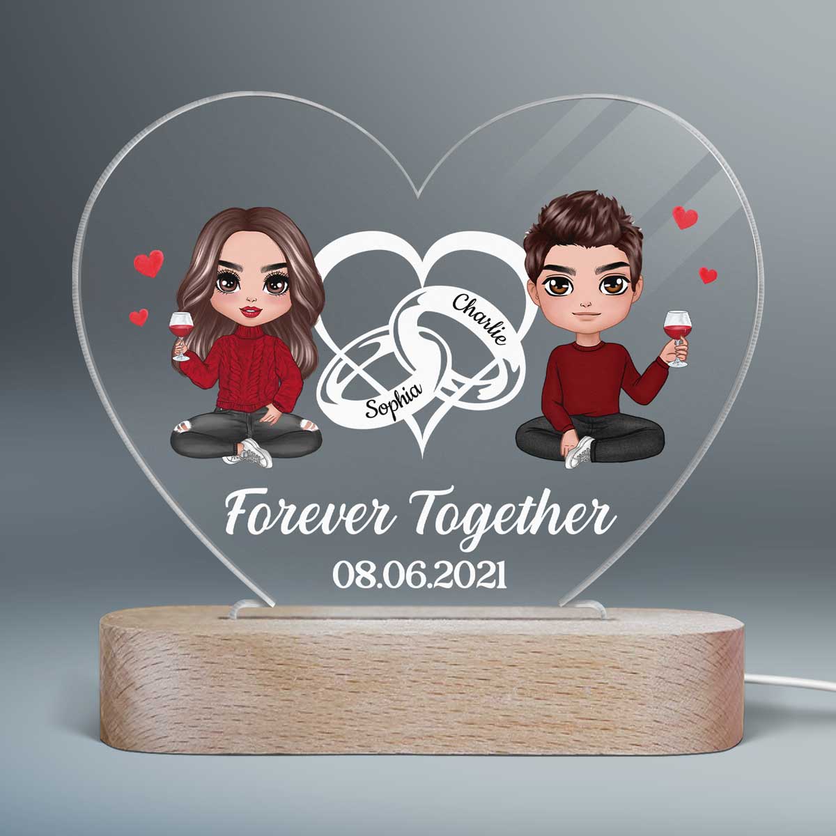 Doll Couple Heart Rings Personalized Heart Plaque LED Night Light - Image 2