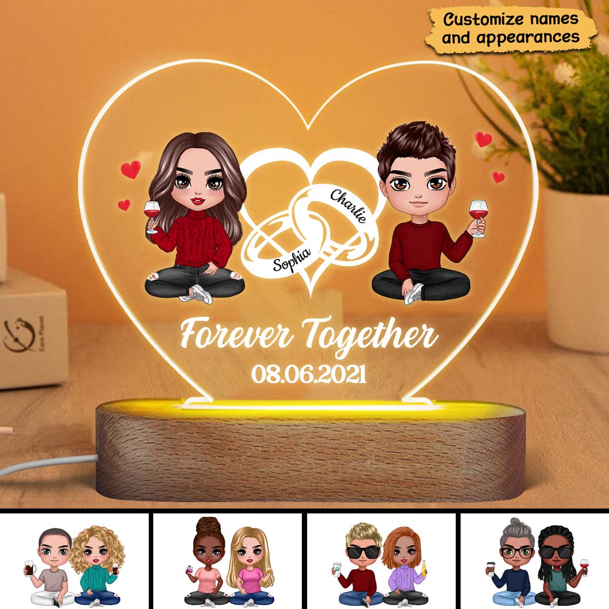 Doll Couple Heart Rings Personalized Heart Plaque LED Night Light - Image 3