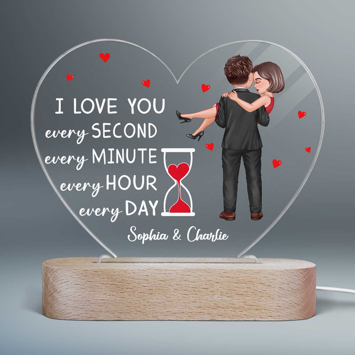Doll Couple Holding Hourglass Valentine‘s Day Gift Personalized Heart Acrylic LED Night Light - Image 2