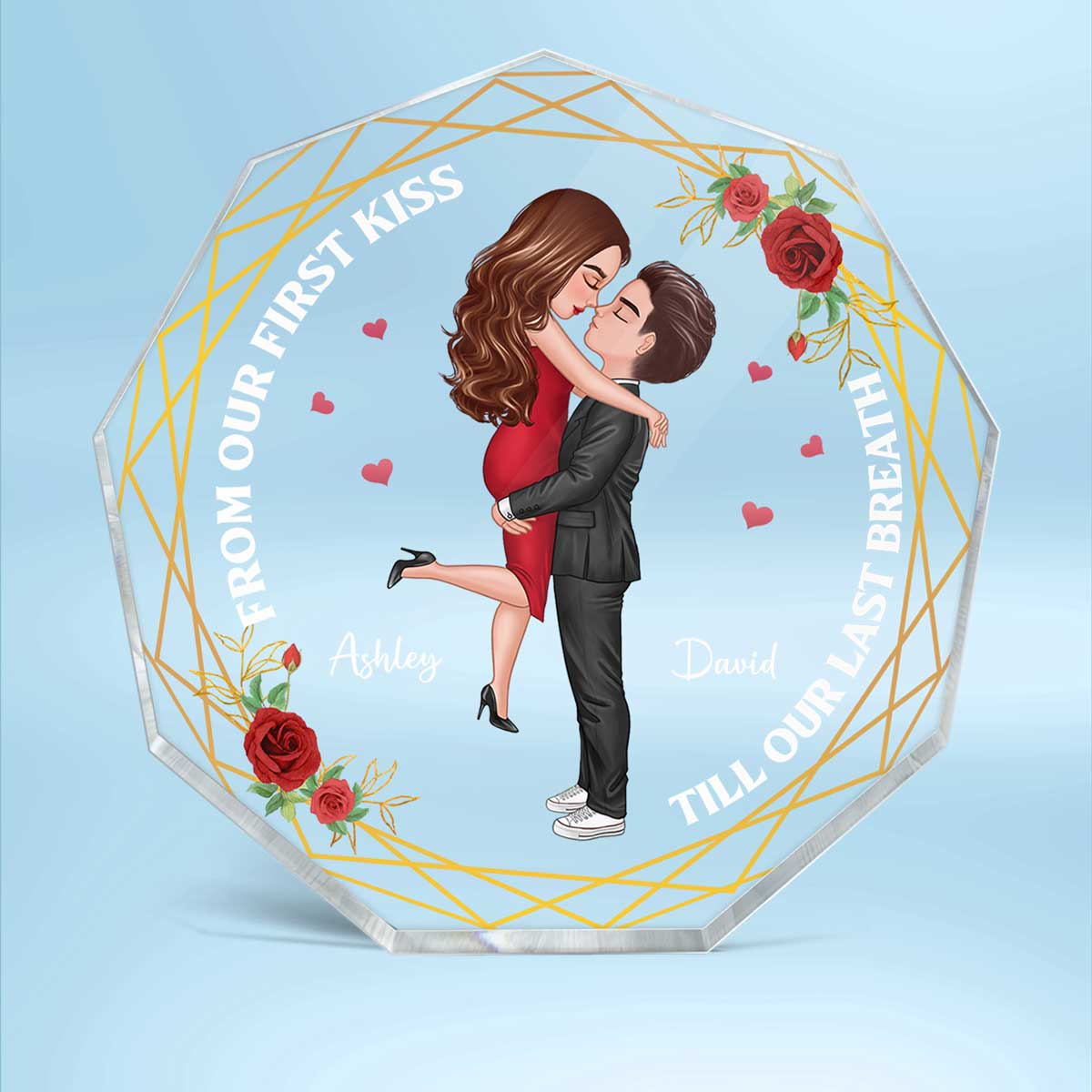 Doll Couple Holding Kissing Valentine‘s day Gift Personalized Nonagon Acrylic Plaque - Image 2
