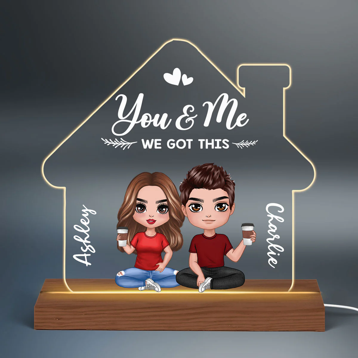 Doll Couple Home Sweet Home House Shaped Personalized Custom Shape Acrylic Plaque With LED Night Light - Anniversary Gift For Him - Gift For Her - Image 3