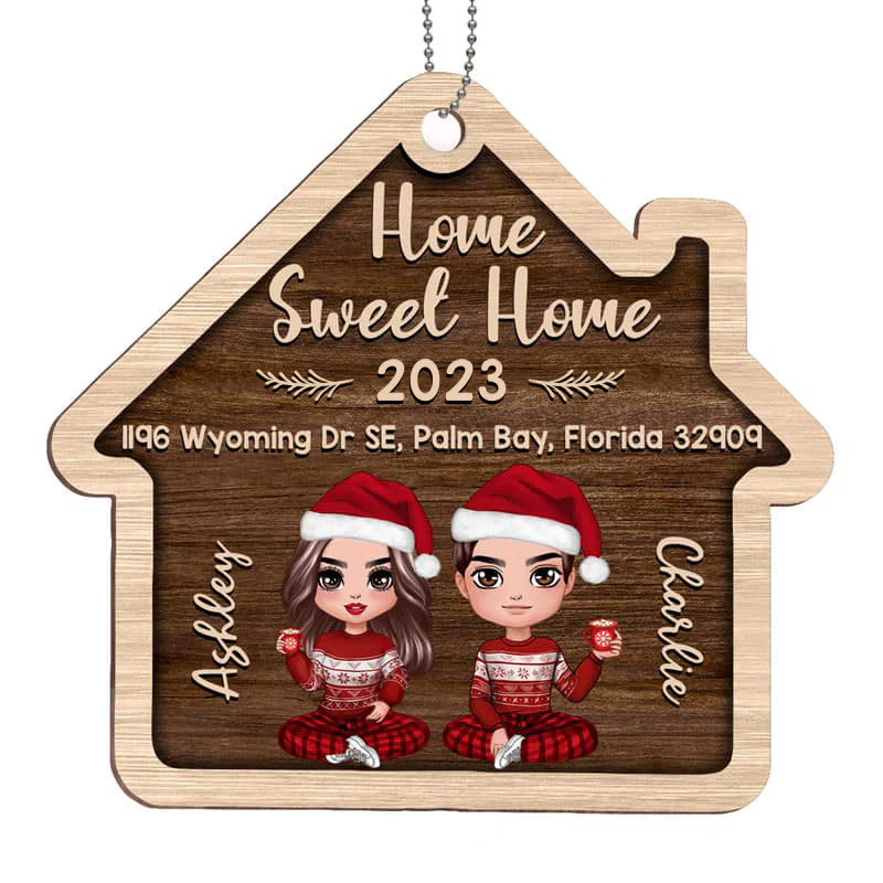 Doll Couple Housewarming Gift Personalized House Shaped Wooden Ornament - Image 2
