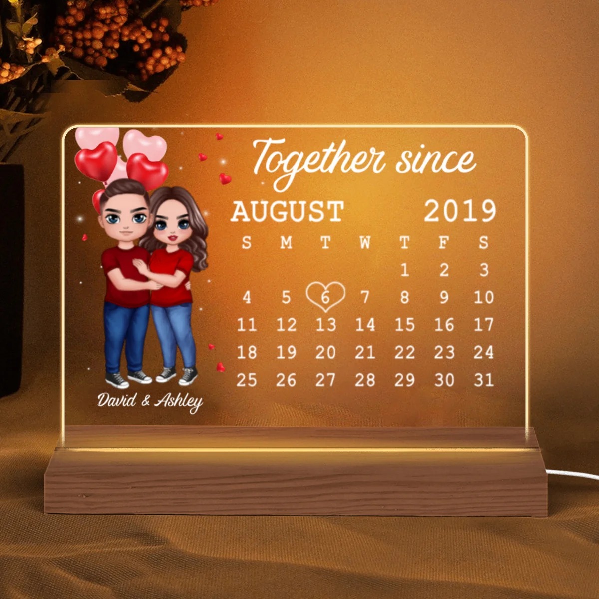 Doll Couple Hugging Anniversary Date Calendar Rectangle Personalized Custom Shape Acrylic Plaque With LED Night Light - Anniversary Gift For Couple - Gift For Him - Gift For Her - Image 5