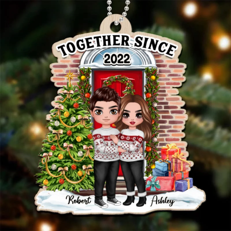 Doll Couple Hugging At The Front Porch Christmas Personalized Wooden Ornament - Image 4