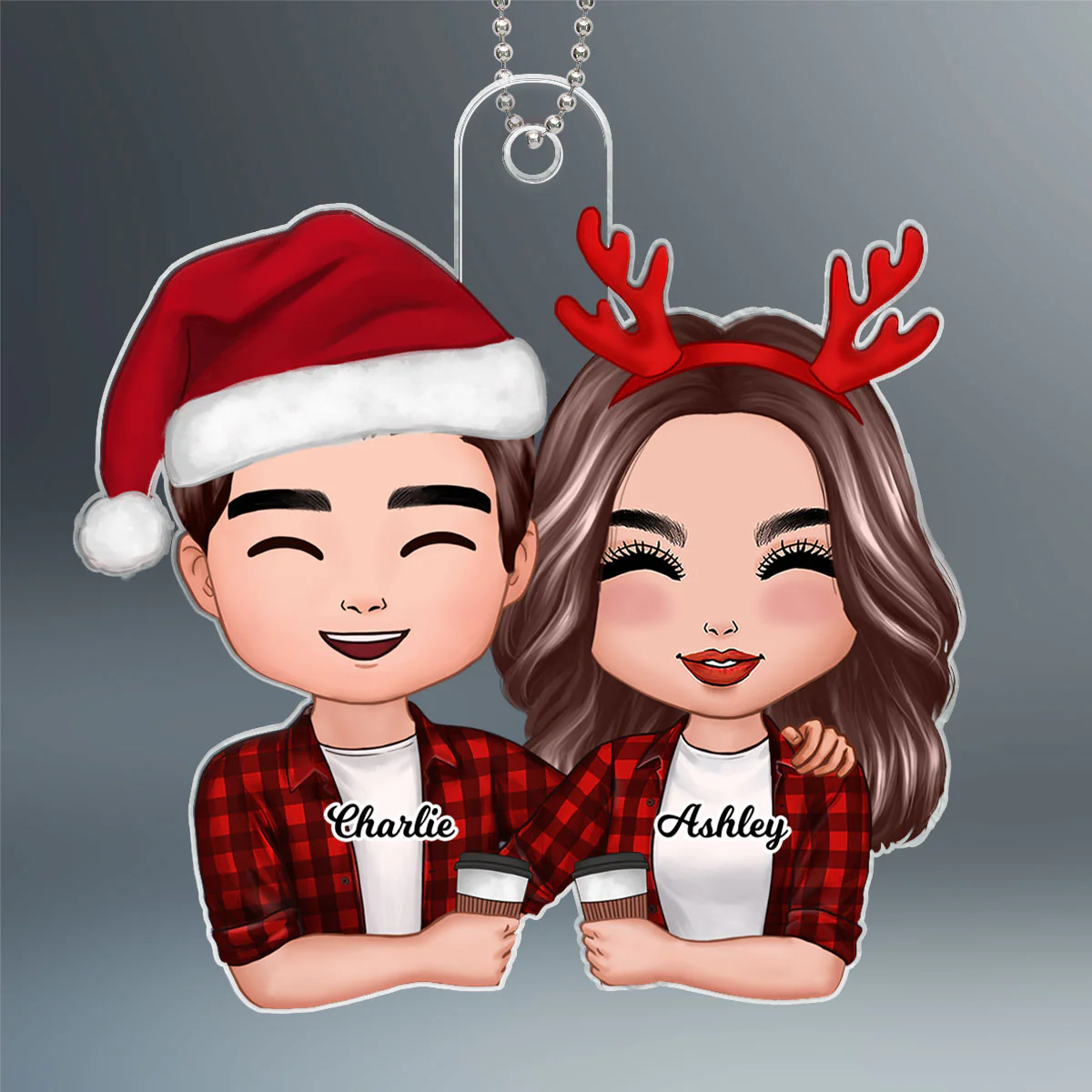 Doll Couple Hugging Holding Drinks Christmas Gift For Him For Her Personalized Acrylic Ornament - Image 2