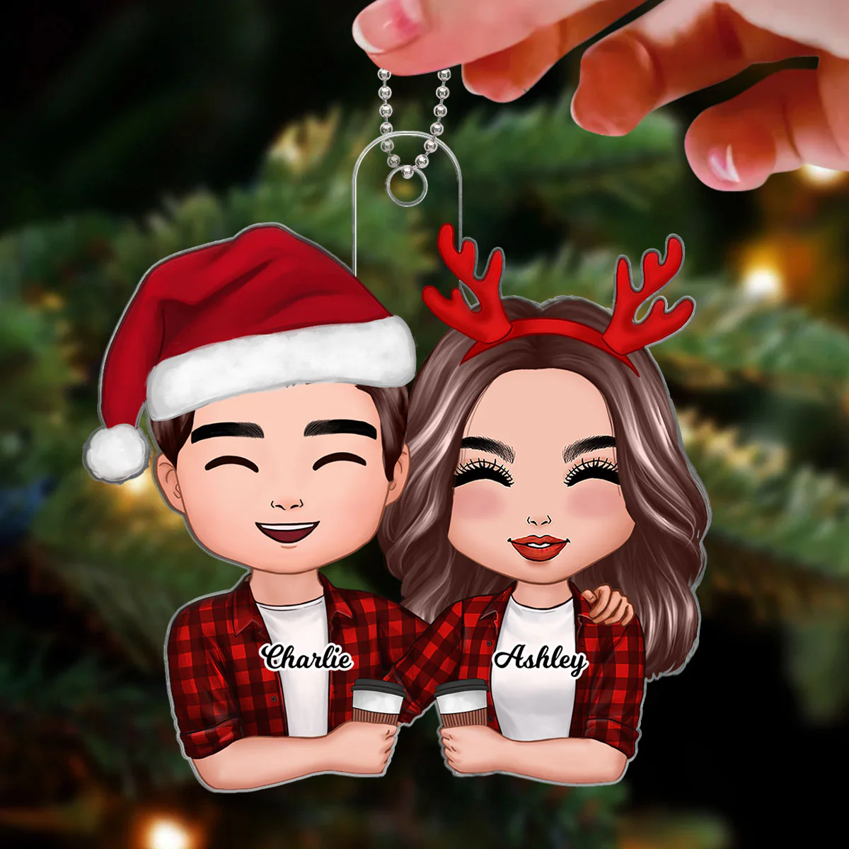 Doll Couple Hugging Holding Drinks Christmas Gift For Him For Her Personalized Acrylic Ornament - Image 3