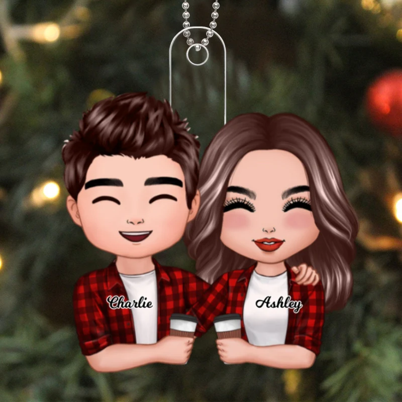 Doll Couple Hugging Holding Drinks Christmas Gift For Him For Her Personalized Acrylic Ornament - Image 5