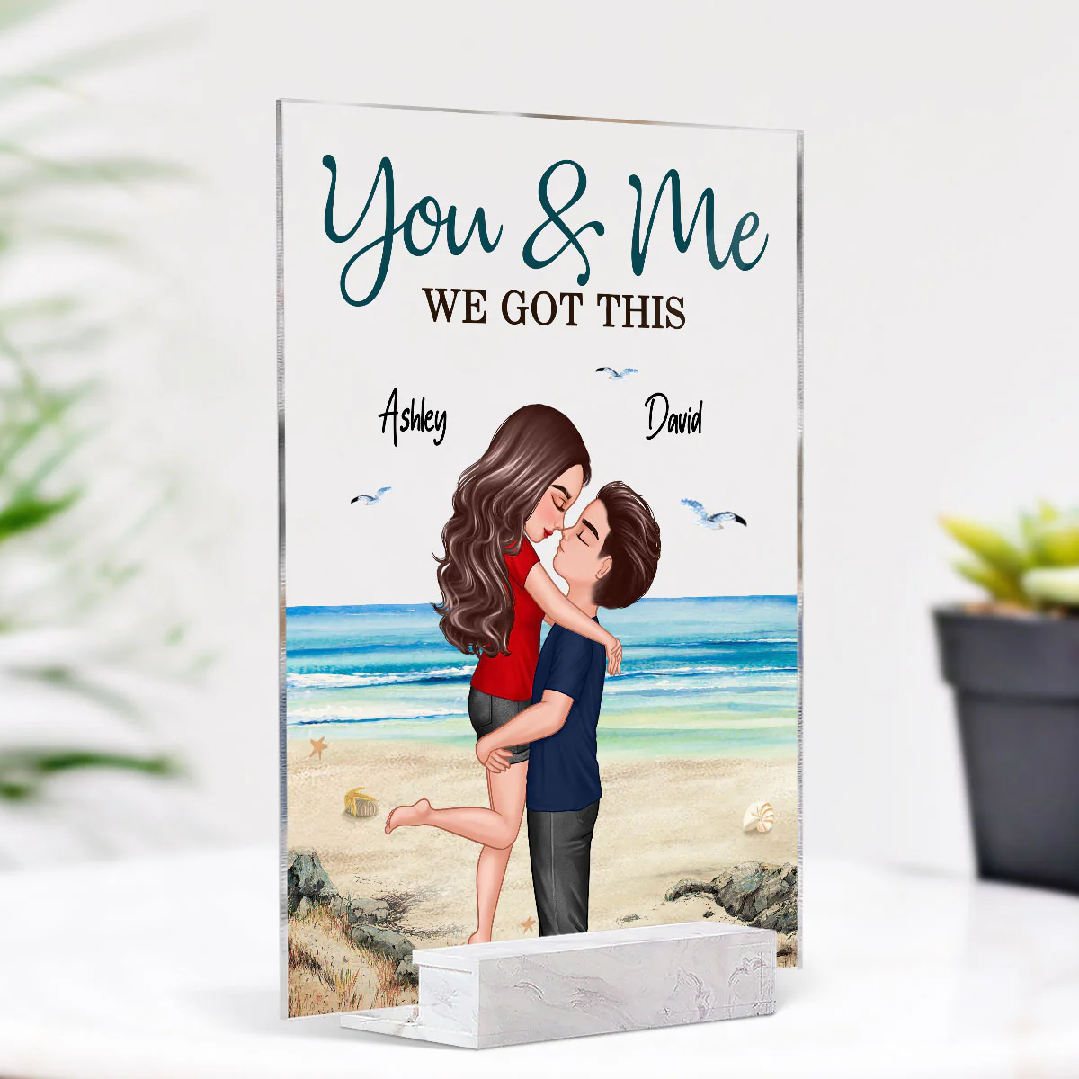 Doll Couple Hugging Kissing Beach Landscape Personalized Acrylic Plaque - Image 2