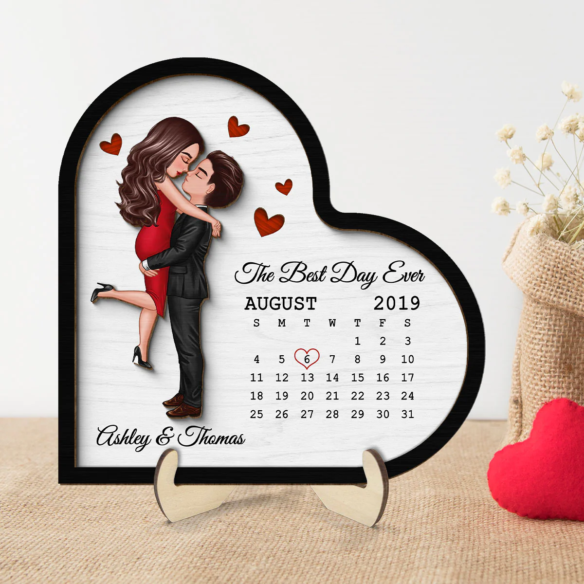 Doll Couple Hugging Kissing Calendar Anniversary Date Gift For Couple Gift For Him Gift For Her Personalized Heart Shaped 2 Layer Wooden Plaque - Image 2
