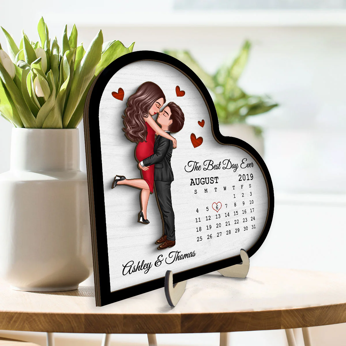 Doll Couple Hugging Kissing Calendar Anniversary Date Gift For Couple Gift For Him Gift For Her Personalized Heart Shaped 2 Layer Wooden Plaque - Image 3