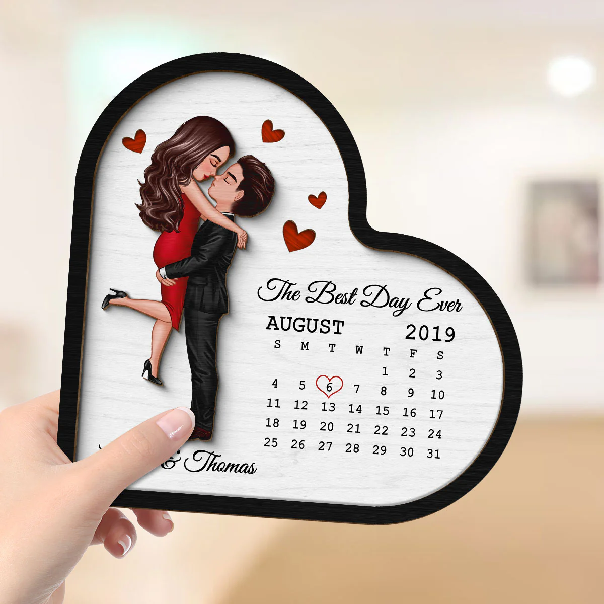 Doll Couple Hugging Kissing Calendar Anniversary Date Gift For Couple Gift For Him Gift For Her Personalized Heart Shaped 2 Layer Wooden Plaque - Image 4